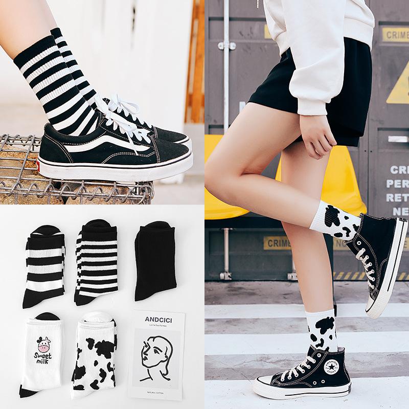 Cow Lolita Socks Harajuku Korean Style Women Cotton Striped Socks Casual Novelty Socks Japanese Fashion Crew JK Socks
