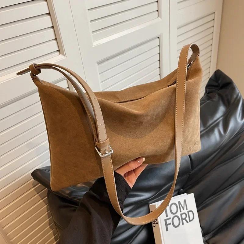 Винтажная женская накладная матовая замшевая новая осенне-зимняя сумка через плечо под мышкой, простая сумка-тоут, большая вместительная сумка для поездок на работу