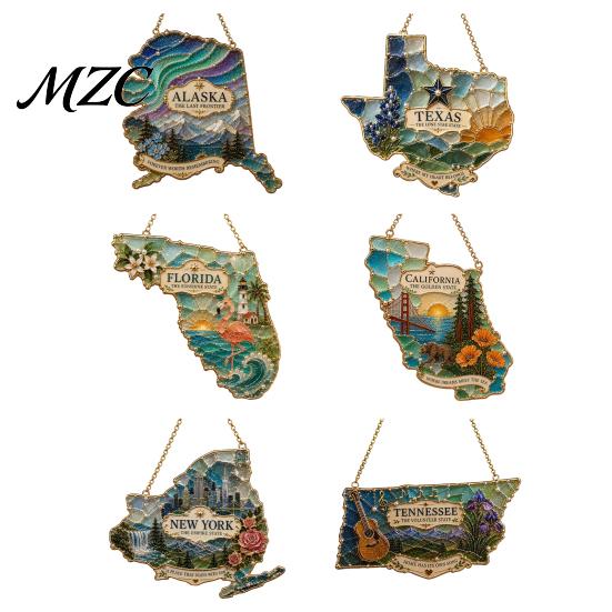 Xmas Gift for Holiday Season State Heritage Christmas Ornaments, Acrylic Sea Glass America States Decorative Ornaments Fireplace Hanging Decoration