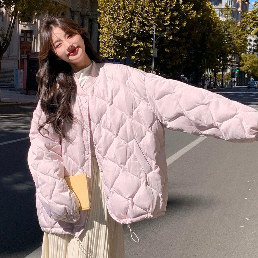 Casual Diamond Patterned Cotton Coat for Women with Lazy Style - Solid Color Winter Jacket