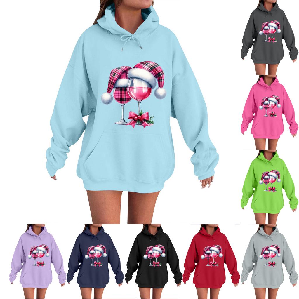 Women's Casual Comfortable Neck Hooded Long Sleeve Christmas Print Warm Sweatshirt