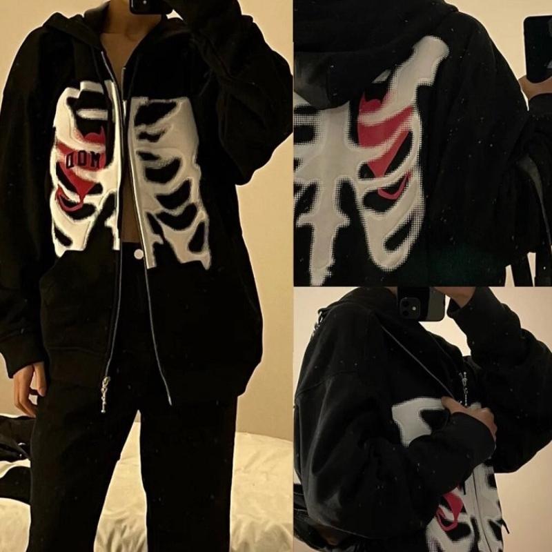 Harajuku Kawaii Hooded Women's Skull Print Vintage Zipper Coat Top Y2K Grunge Loose Sleeve Sweatshirt