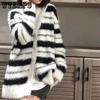Black and White Striped Needle Cardigan Sweater Women Imitation Sable Knitted Coat Sexy Punk Soft Warm Long Sleeve Top Loose