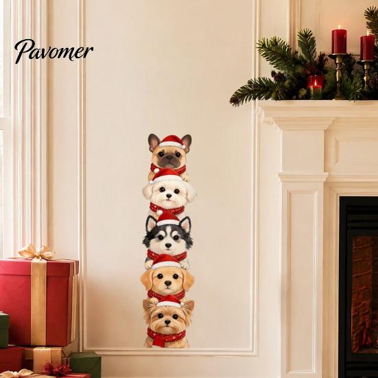 Decorative PVC Christmas Wall Art Puppy Stickers, Removable Self-adhesive Dog Decals for Walls Doors, Stacked Puppies Theme Decor with Santa Hats And