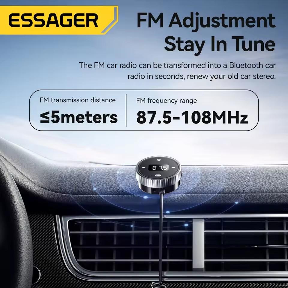 Essager Автомобильный Bluetooth 5.3 FM-трансмиттер Встроенный микрофон Громкая связь Светодиодный дисплей 3.5 мм AUX-адаптер MP3-музыкальный плеер Со слотом для TF-карты