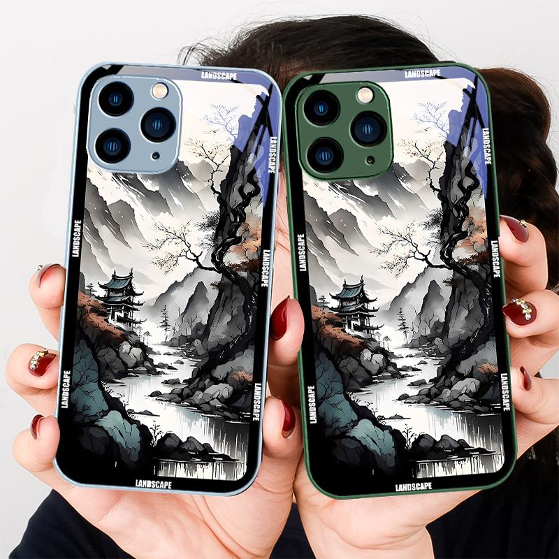 Китайская пейзажная живопись для iPhone 16 Plus 15 14 13 12 Mini 11 Pro Max X XS XR 7 8 Plus 2022 Закаленное стекло Чехол для телефона