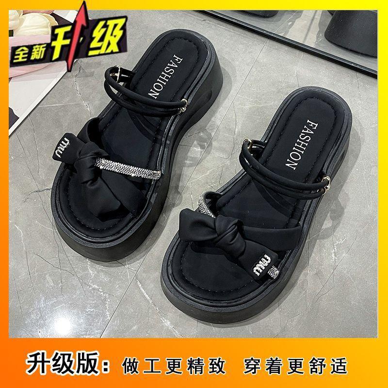 One-word cool slippers bow slippers women's summer wear 2025 new popular thick bottom two wear height-increasing skirt women