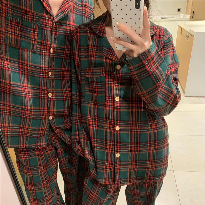 2024 Autumn Loose-Fit Couple Pajama Set - Long Sleeve Christmas Plaid Flannel Homewear