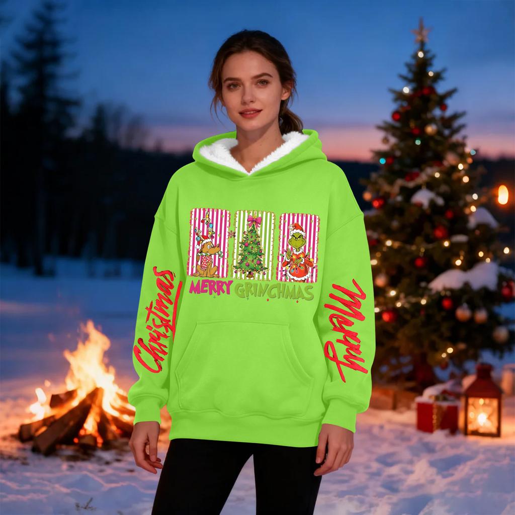 Женская повседневная модная толстовка с капюшоном большого размера, утепленная флисом, с рождественским принтом