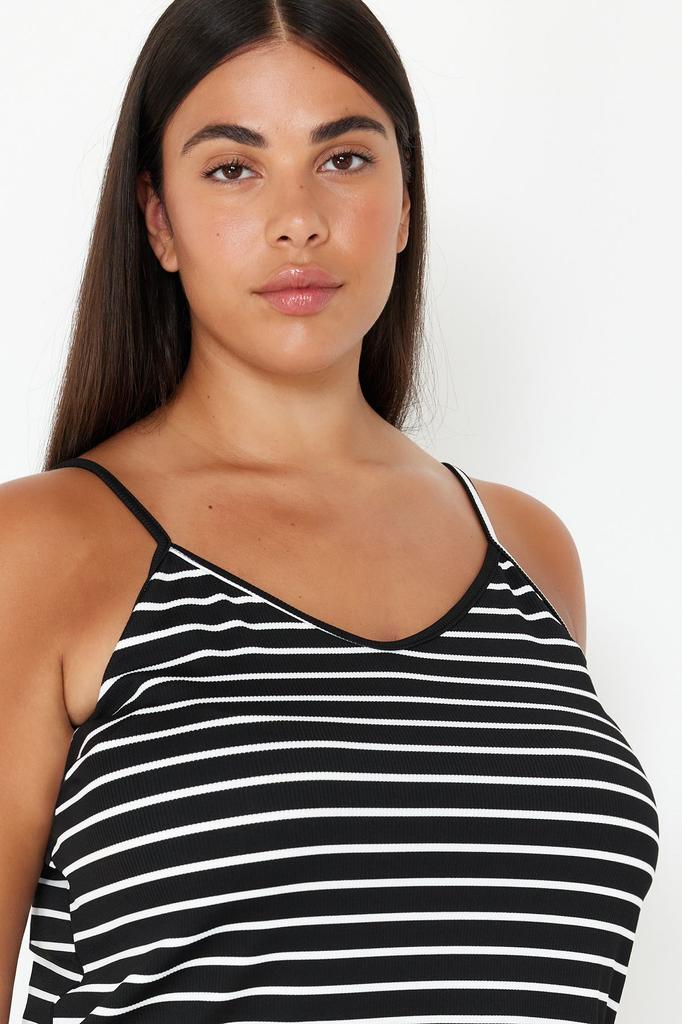 Женский стильный пижамный комплект больших размеров, черный полосатый вязаный пижамный комплект с тонким ремешком