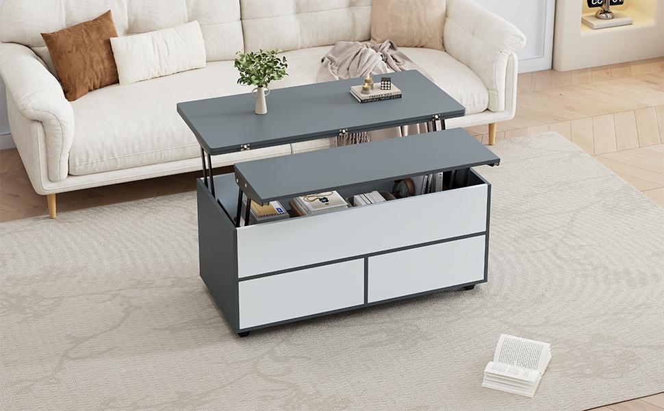100*98*65cm Height-Adjustable Coffee Table with Hidden Storage, Casters and Drawers, Multifunctional Dining Table, Grey-White Splicing