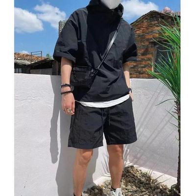 Мужской тонкий спортивный солнцезащитный комплект весна/лето, однотонный топ с капюшоном и короткими рукавами + шорты, комплект из двух предметов для работы