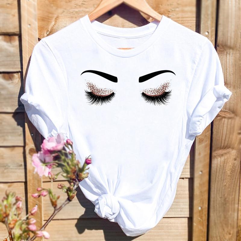 Women Print T-shirts Watercolor Eye Lashes Eyelashes Trend Graphic Tops Fashion Short Sleeve Summer Shirt Female Tees