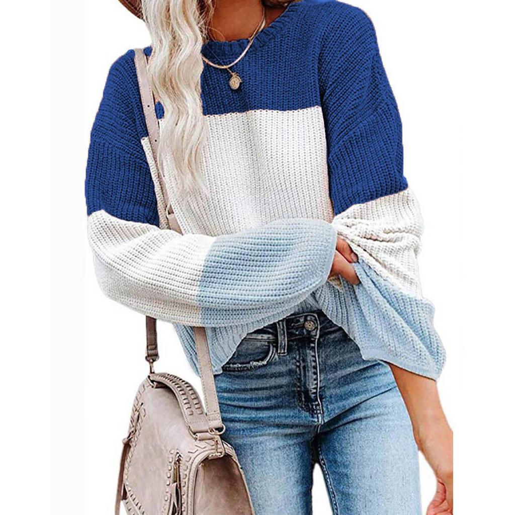 Женская мода повседневный цветной пэчворк свитер длинный рукав пуловер свитер топ