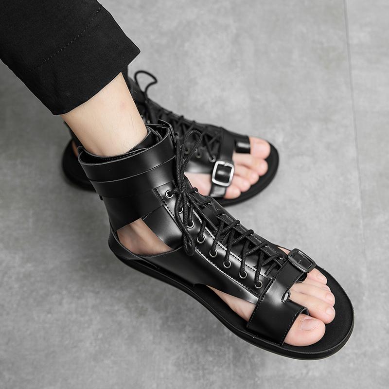 Men Roman Sandals Black White Leather Gladiator Sandals Outdoor Summer Roman Sandals for Men Peep Toe Open Toe Beach Shoes