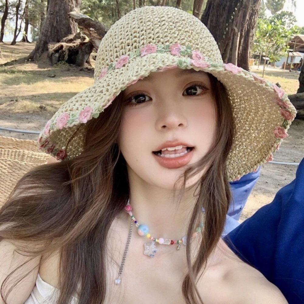 Однотонная женская шляпа-ведро с козырьком, широкополая пляжная шляпа, модная соломенная шляпа с цветком, для морского отдыха