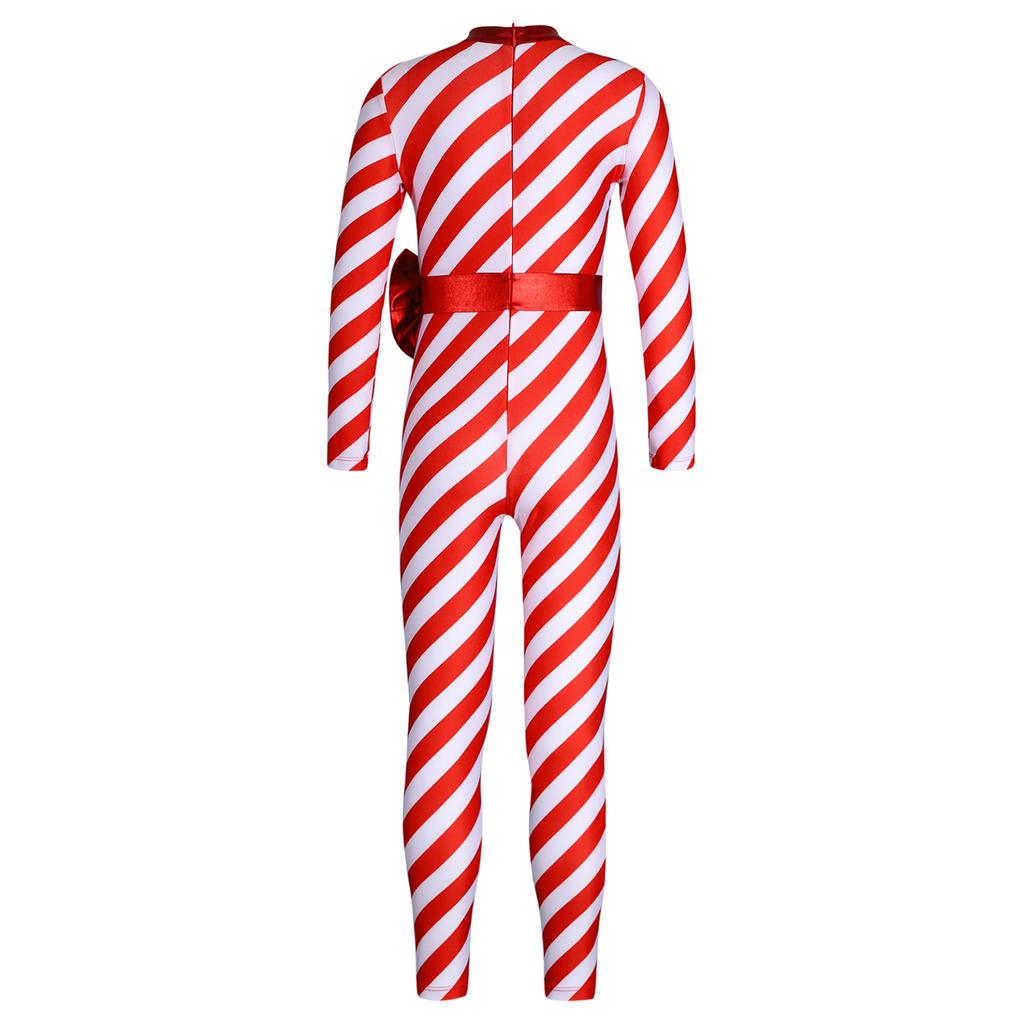 Kids Girls Candy Cane Striped Christmas Costume Long Sleeve Bow-knot Long Bodysuit Dance Jumpsuit Costume Dancewear