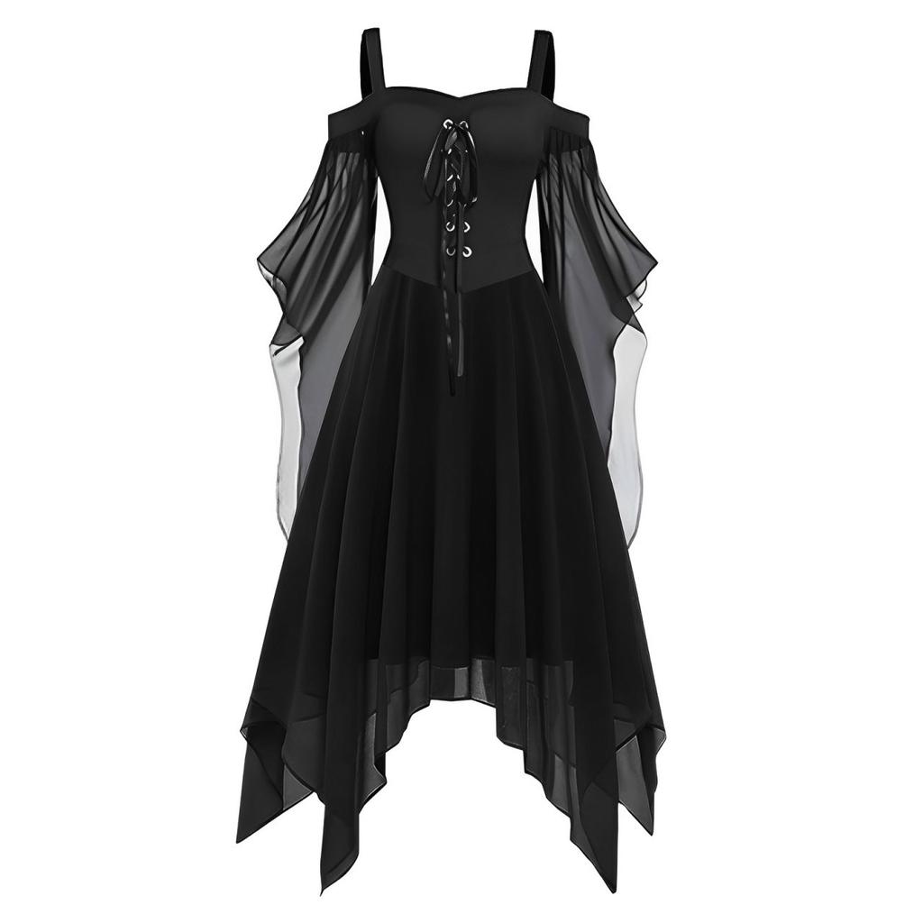 Women Casual Plus Size Cold Shoulder Dress Solid Color Chiffon Butterfly Sleeve Gothic Dress