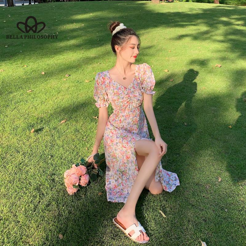 Французское элегантное платье, тонкое, летнее, с v-образным вырезом, повседневное, с короткими рукавами-фонариками, шикарное цельное платье с цветочным принтом в корейском стиле, шикарное.