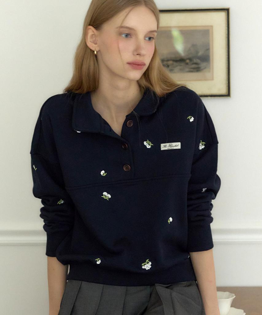 OURHOPE Margaret Embroidery Button-Down Sweatshirt - Navy