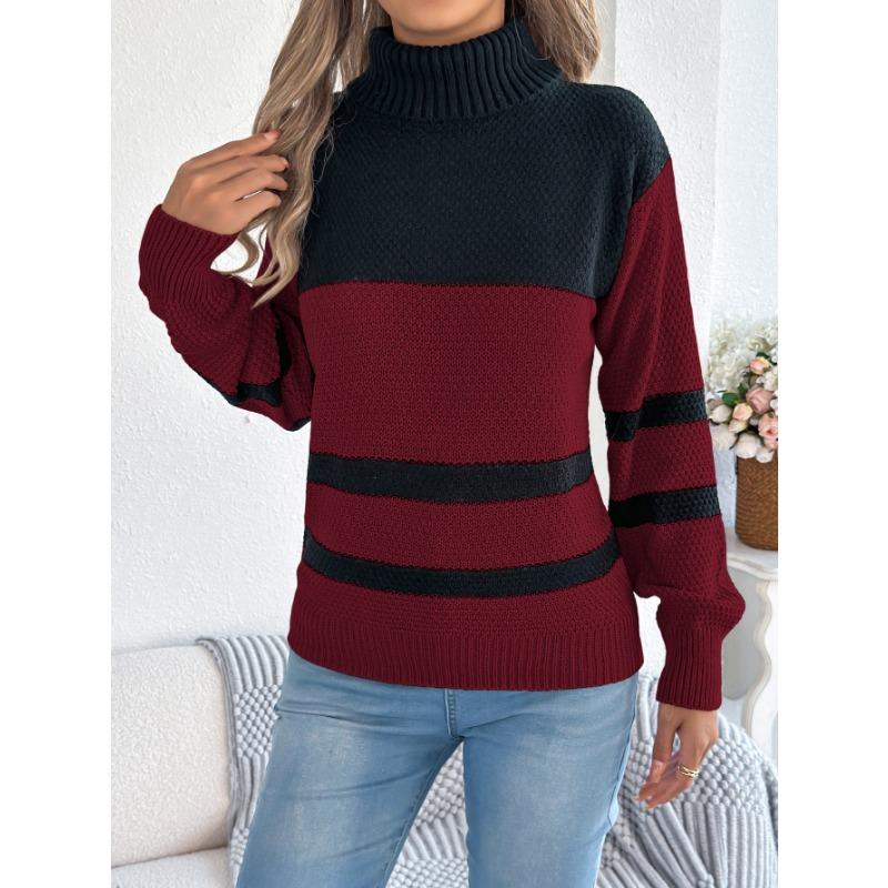Women S Casual Striped Color Block High Neck Long Sleeve Sweater