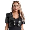 Womens Glitter Sequin Crop Jacket Short Sleeve Open Front Shiny Clubwear Party Outerwear Evening Cover Up