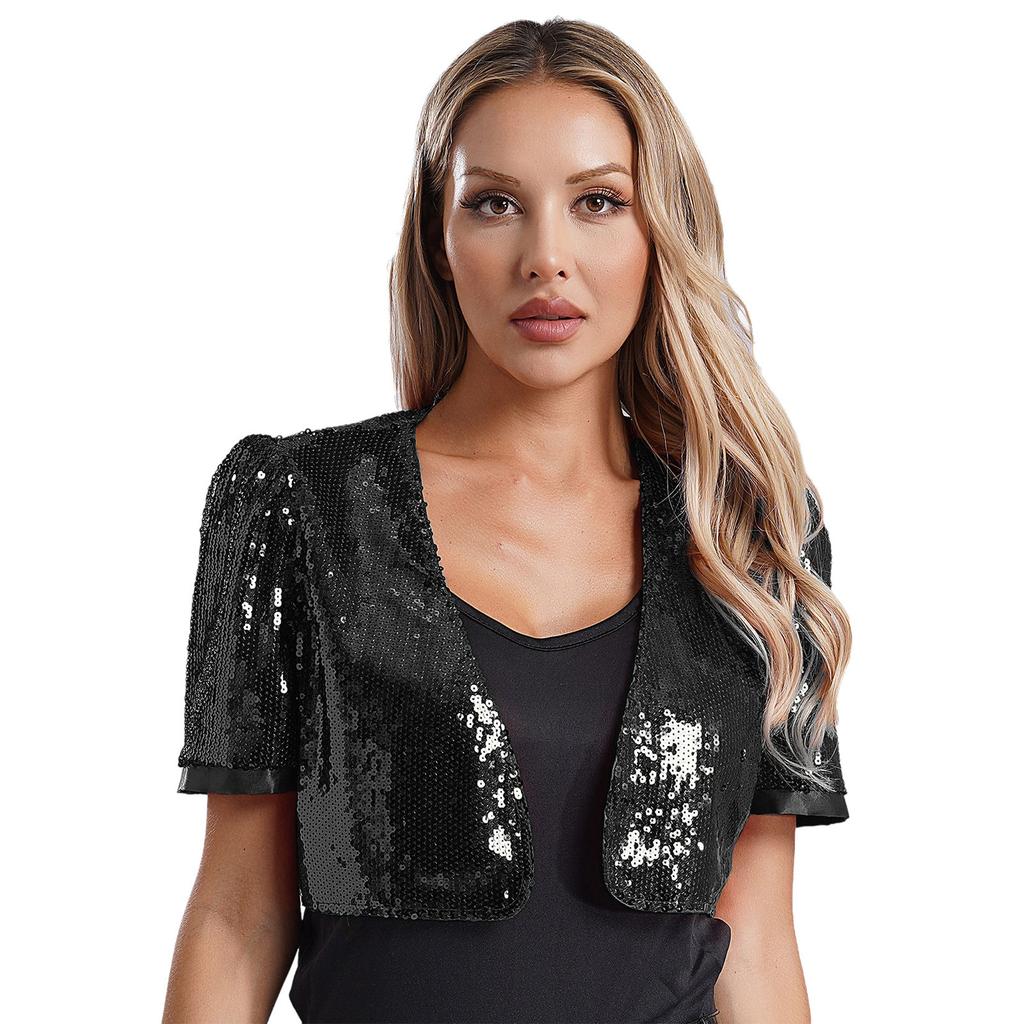 Womens Glitter Sequin Crop Jacket Short Sleeve Open Front Shiny Clubwear Party Outerwear Evening Cover Up