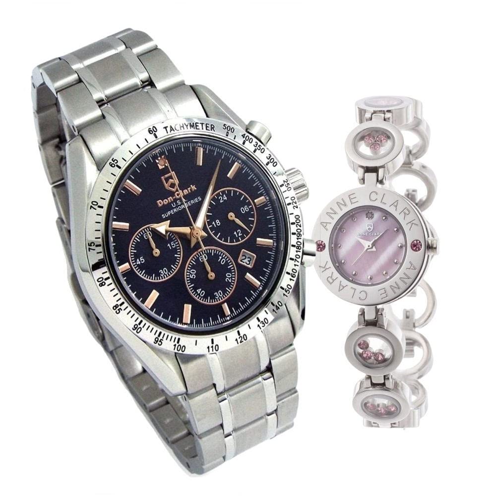 Pair Watch Don Clark Watch High Performance Domestic Made In Japan Chronograph ANNE CLARK Watch Combi Moving Stone Bracelet Set of 2 Pair BOX Easy