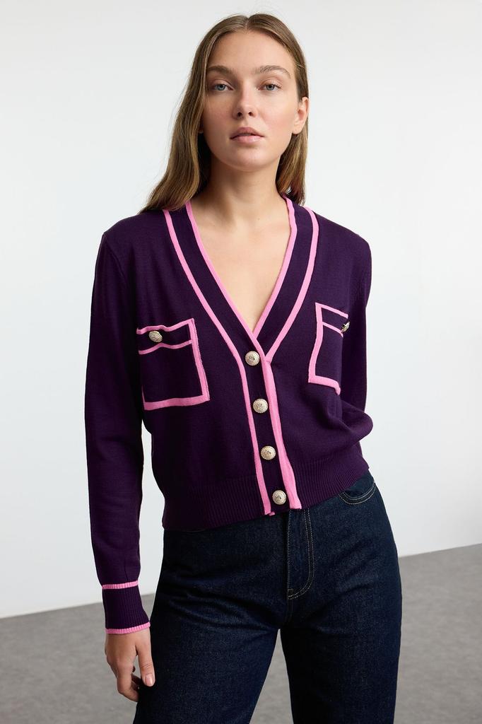 Women's Elegance Style Cardigan Black Color Block Knitwear Cardigan