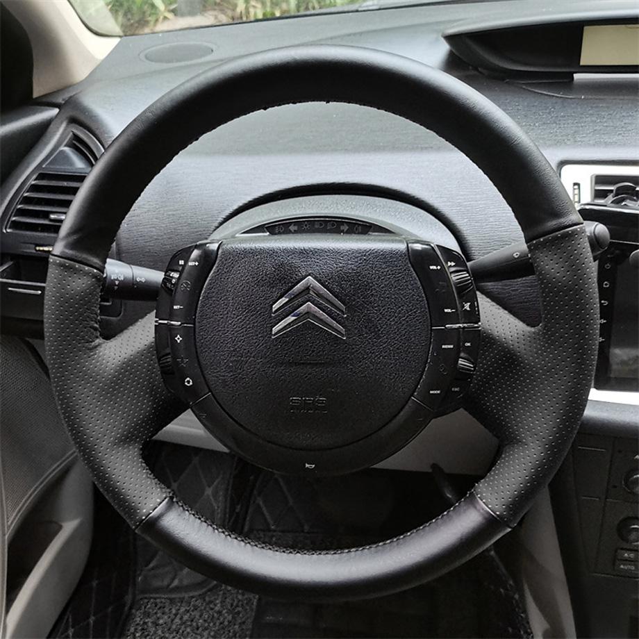 Кожа для Citroen C4 2009 Ручное шитье Чехол на руль Защитная оболочка салона Автоаксессуары Черный