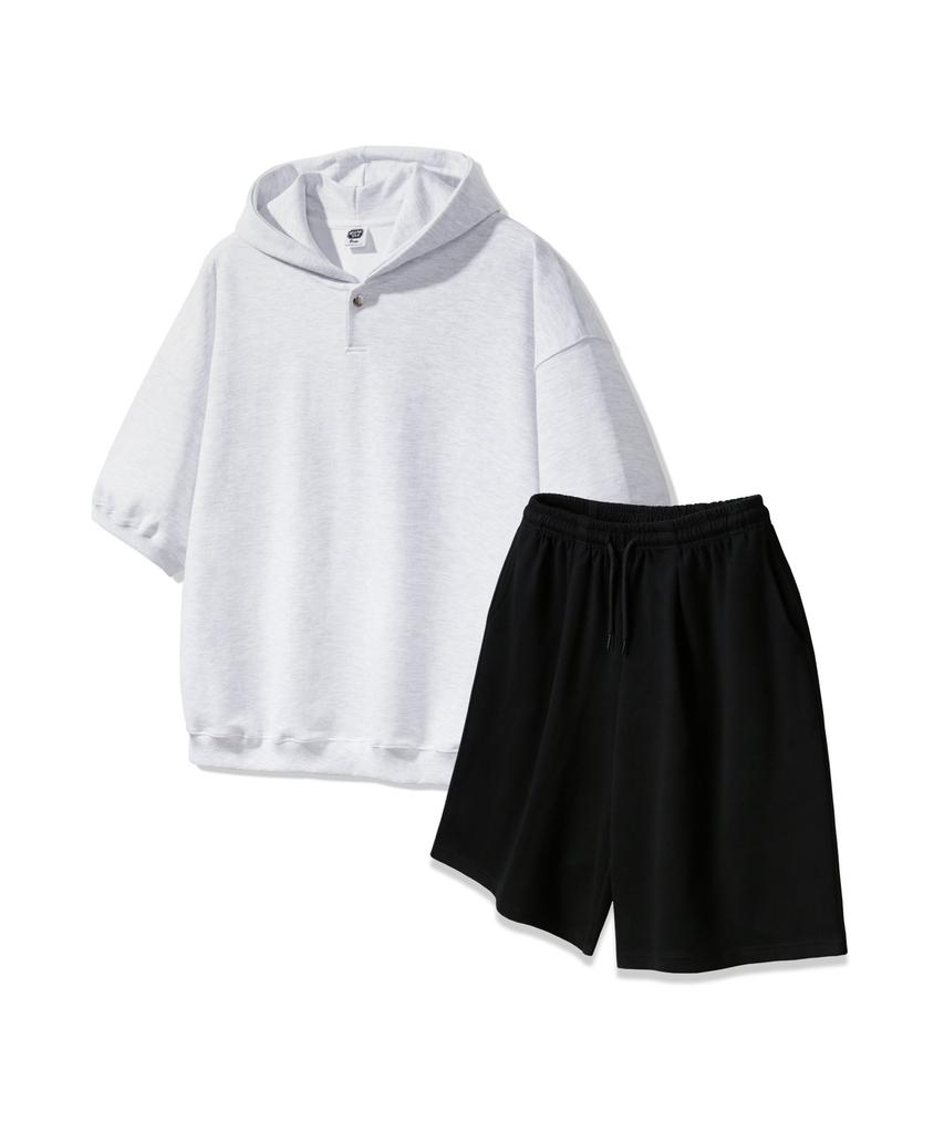 ALVINCLO [Set] Plain Snap Button Short Sleeve Hoodie Plain Wide Balloon Fit Elastic Waist Shorts Set