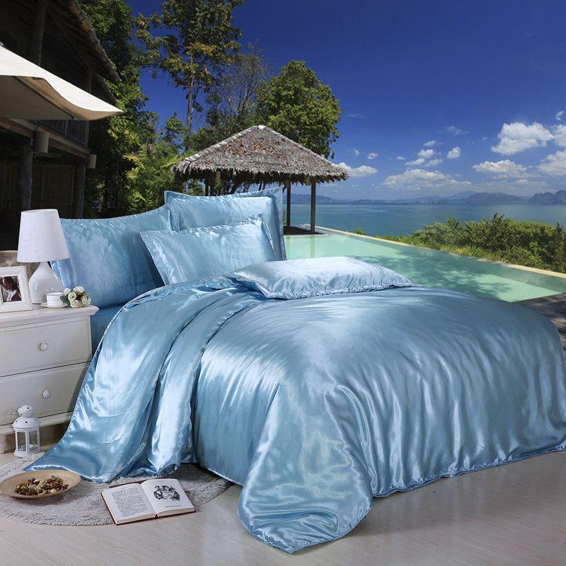 Роскошный сатиновый шелковый постельный набор 4 предмета с удобной простыней на резинке и наволочкой