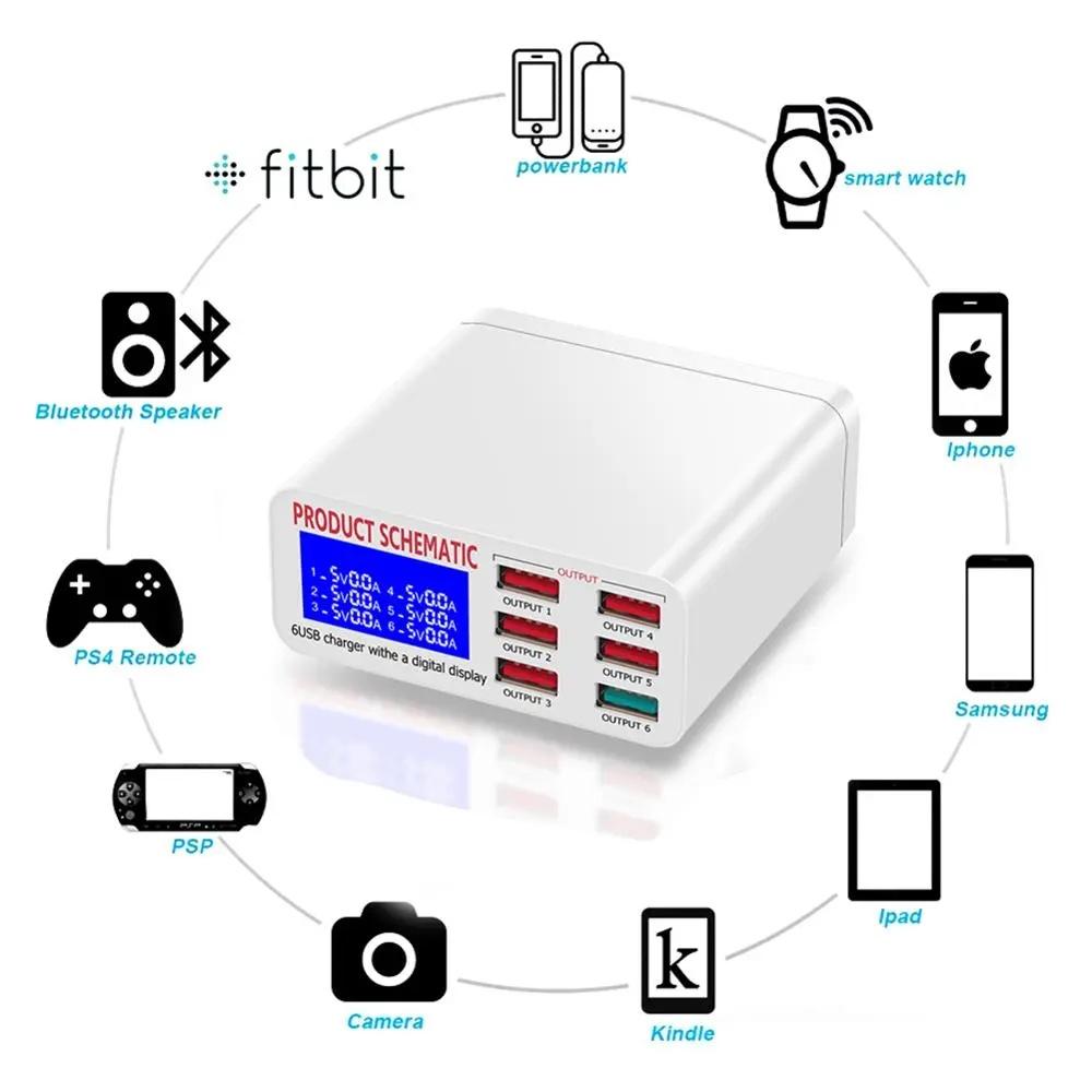 FUNXUN Многопортовое зарядное устройство с 6 портами USB Быстрое зарядное устройство Dengan Layar LCD | Планшет/Ponsel 40W Pengisi Daya Cepat