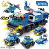 HUIQIBAO 6IN1 City Fire Car Police Truck Engineering Crane Building Blocks Tank Helicopter Bricks Set Toys for Children
