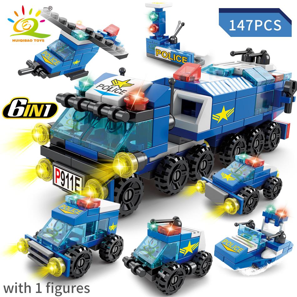 HUIQIBAO 6IN1 City Fire Car Police Truck Engineering Crane Building Blocks Tank Helicopter Bricks Set Toys for Children