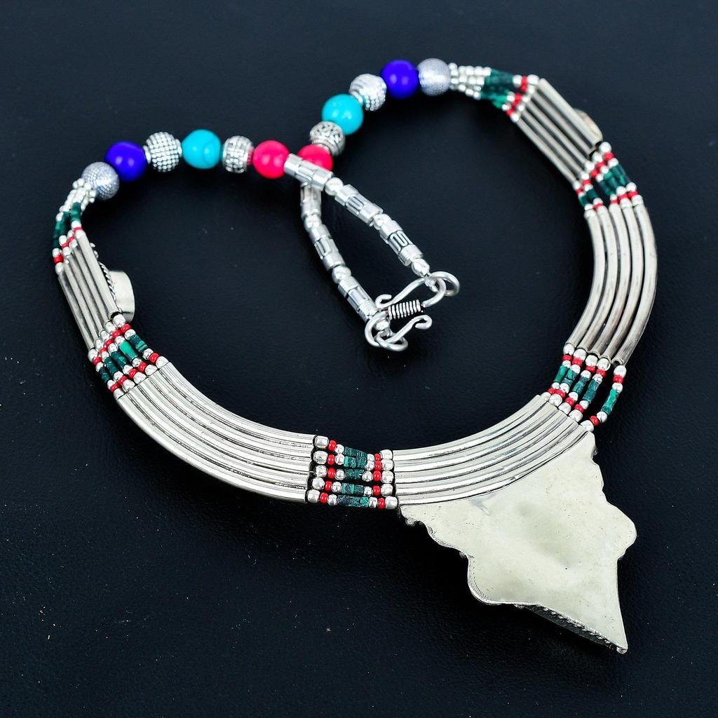 Turquoise, Coral With Lapis Lazuli 925 Sterling Silver Necklace Tibetan Silver Necklace Bohemian Antique Necklace Handmade Jewelry Nepali Necklace