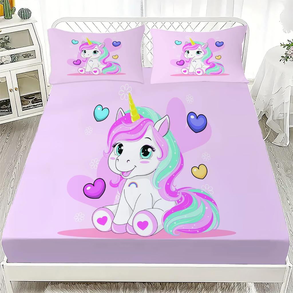Unicorn Pattern 3D Fitted Sheets Set Cute Kids Bedding with 1/2 Pillowcases  Boys Girls Bedroom Decor