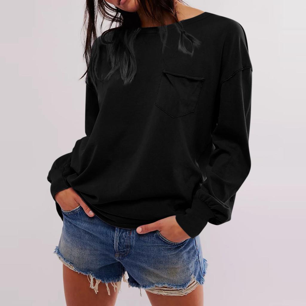 Женская модная однотонная свободная футболка с круглым вырезом и длинными рукавами и карманами
