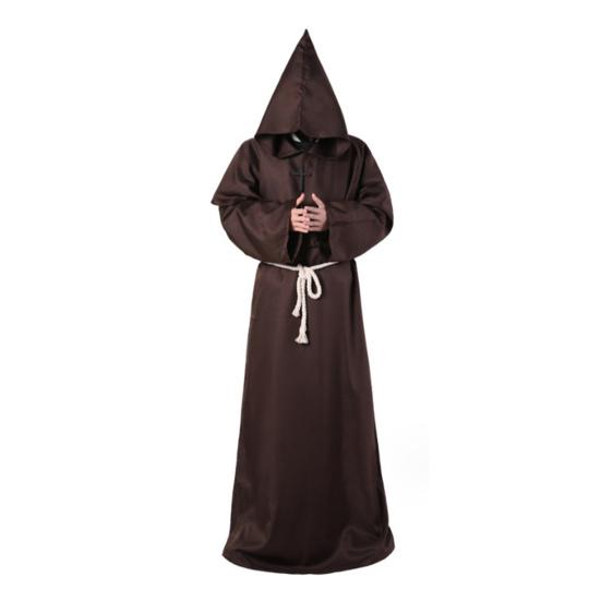 4Pcs/Set Halloween Cloak Costume Medieval Monk Robe Wizard Cosplay Dance Fabric Cape with Strong Drape Big Hat Necklace Waist Rope