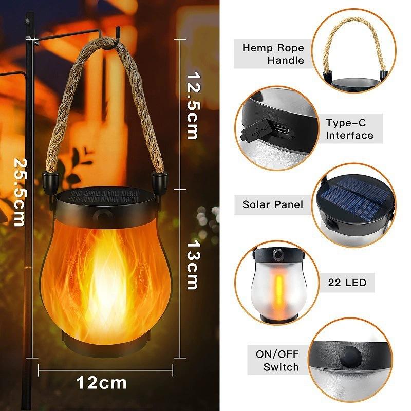 Solar Flame Light Flickering Flame Retro Lantern Outdoor Waterproof Garden Lamp USB & Solar Charging for Yard Patio Fence Decor