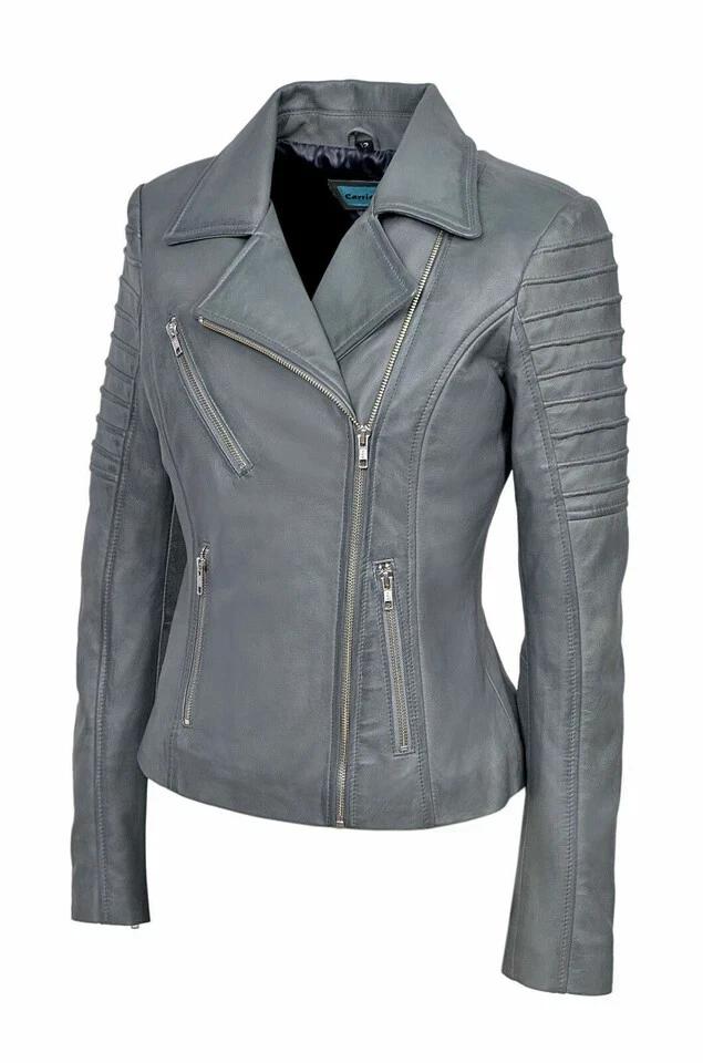Handmade Leather Lambskin Stylish Women Jacket Gray Casual Biker Soft Fit