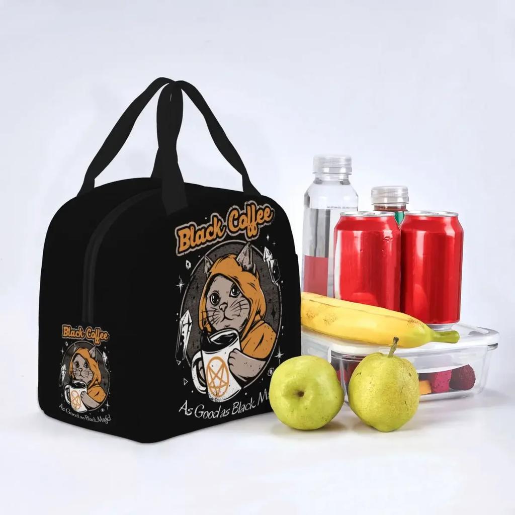 Black Coffee Insulated Lunch Bag Japan Retro Cats Horror Satan Halloween Meal Container Thermal Bag Lunch Box Tote Food Handbags