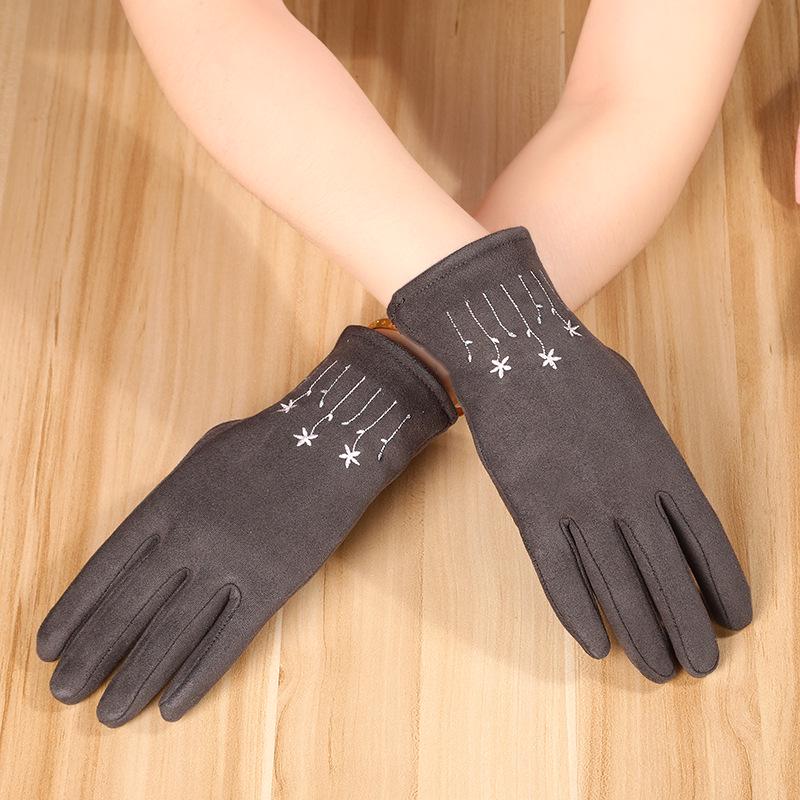 New Autumn And Winter Women Thicken Keep Warm Embroidery Suede Gloves Drive Cycling Cute Lovely Elegant Windproof Soft