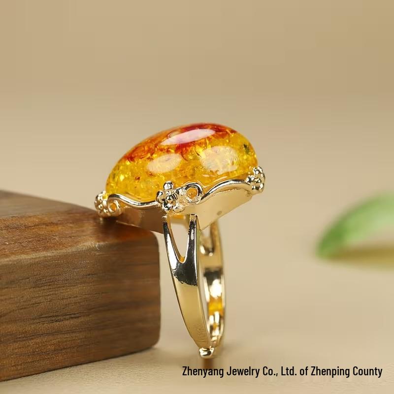 Унисекс регулируемое янтарное кольцо медово-желтого цвета с акцентами из розового золота