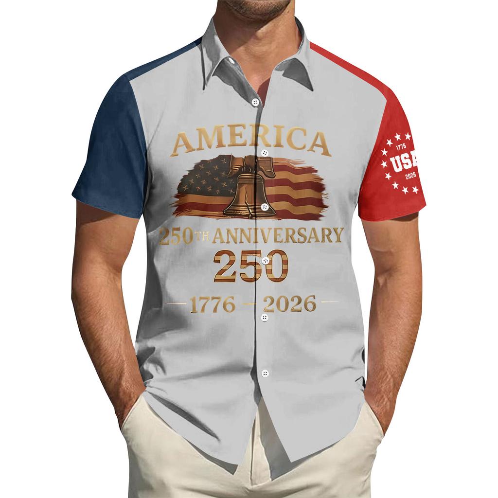 Men's Independence Day Printed Collared Top Men's Casual Sports Short-Sleeve Shirt
