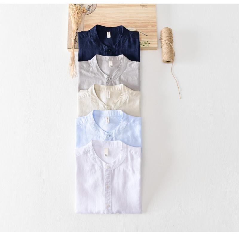 Мужская рубашка с воротником-стойкой, летняя повседневная рубашка с коротким рукавом 4XL, дышащая мужская одежда, простой стиль, однотонные рубашки из хлопка и льна