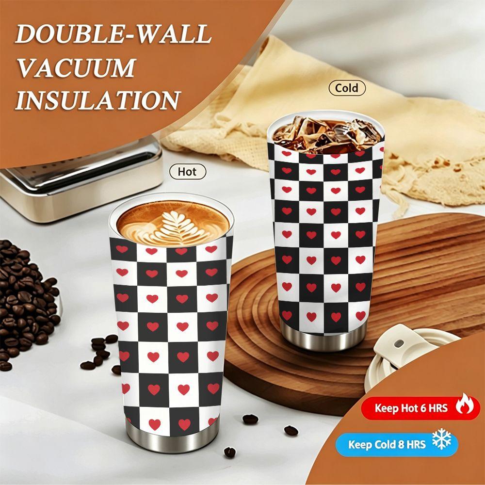 Cute Black and White Checkered Heart Pattern Insulated Coffee Tumbler, Reusable Stainless Steel Vacuum Travel Mug for Hot Cold Drinks Office