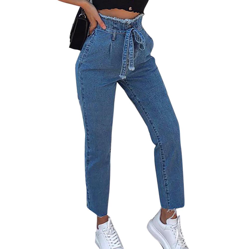 Women Plus Size High Waist Trimmings Slim Denim Skinny Jeans Pants Belt Trousers