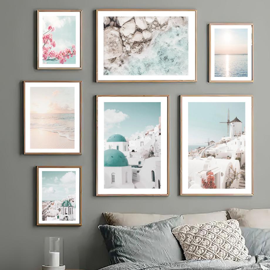 Santorini White House Beach Sea Portal Flowers Stone Nordic Poster Print Canvas Painting Wall Art Pictures Living Room Decor