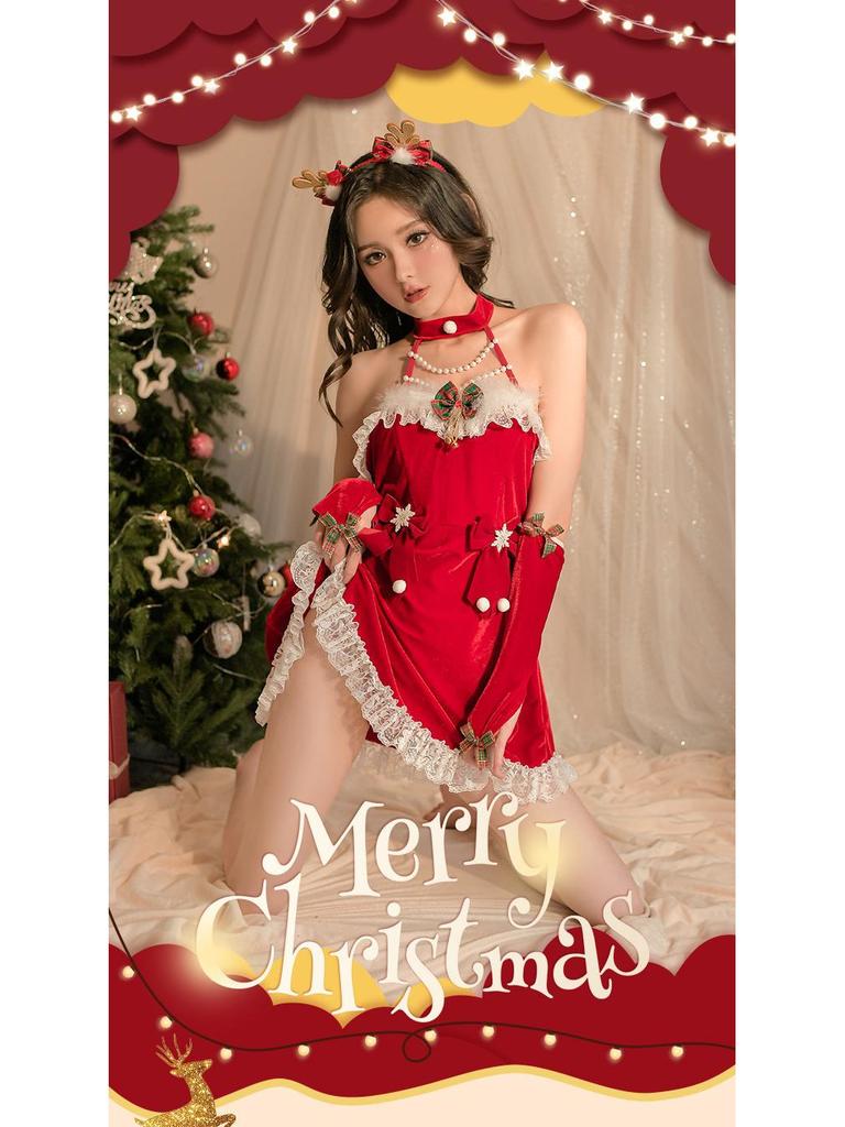 Red Halterneck Lace Christmas Lingerie Pajamas